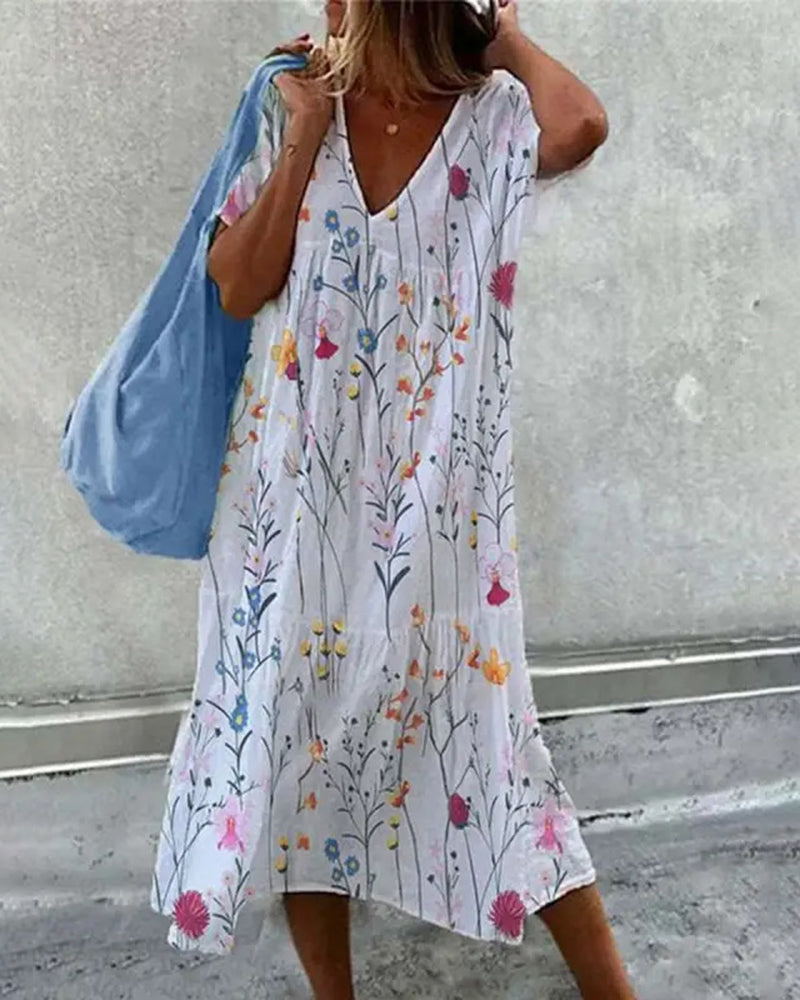 Baggy Floral Print Swing Midi Dress Short Sleeve Casual Beach Sundress